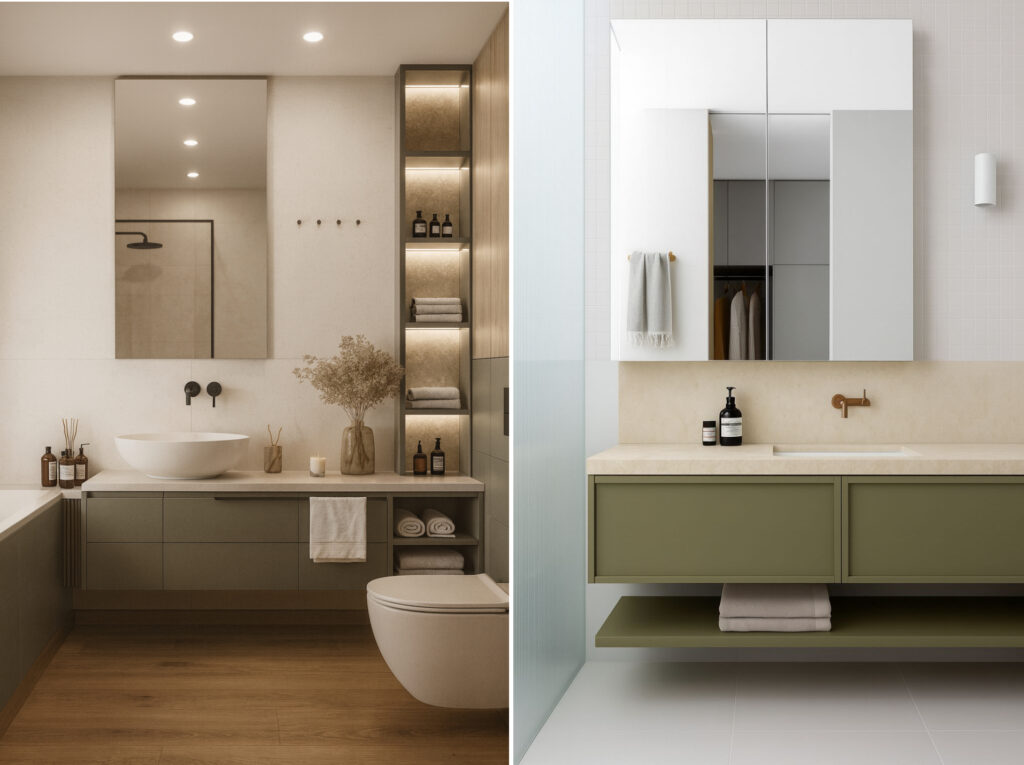 szałwiowa łazienka z meblem i lustrem 