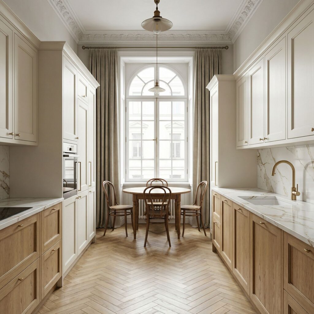 Wąska kuchnia w kamienicy z jasnym kamiennym blatem i subtelnie zintegrowanym zlewem jednokomorowym