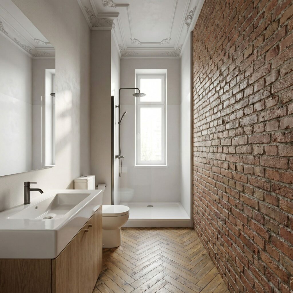 umywalka z blatem ceramicznym w łazience w kamienicy z ceglaną ścianą