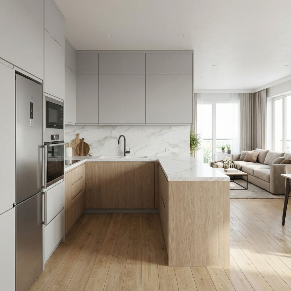 Mała kuchnia otwarta na salon w kształcie litery U z jasnym kamiennym blatem i zlewem w narożniku