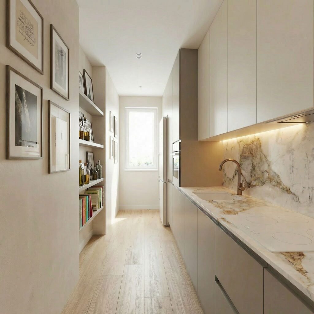 Wąska kuchnia w bloku z jasną zabudową i kamiennym blatem ze zlewem jednokomorowym
