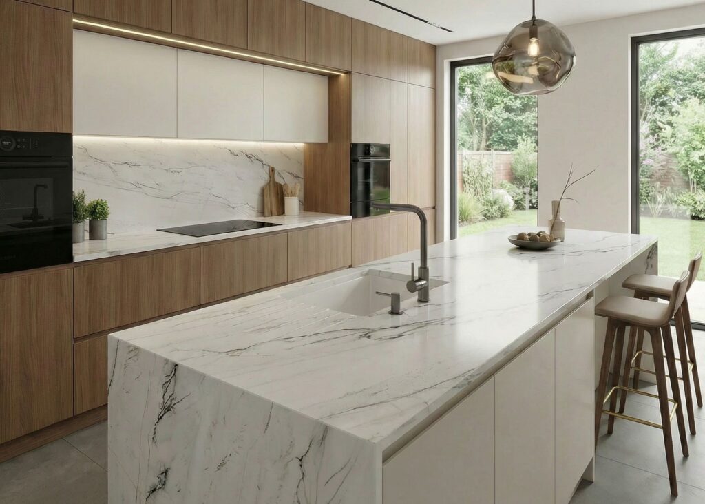 nowoczesna kuchnia z zlewem ceramicznym podblatowym