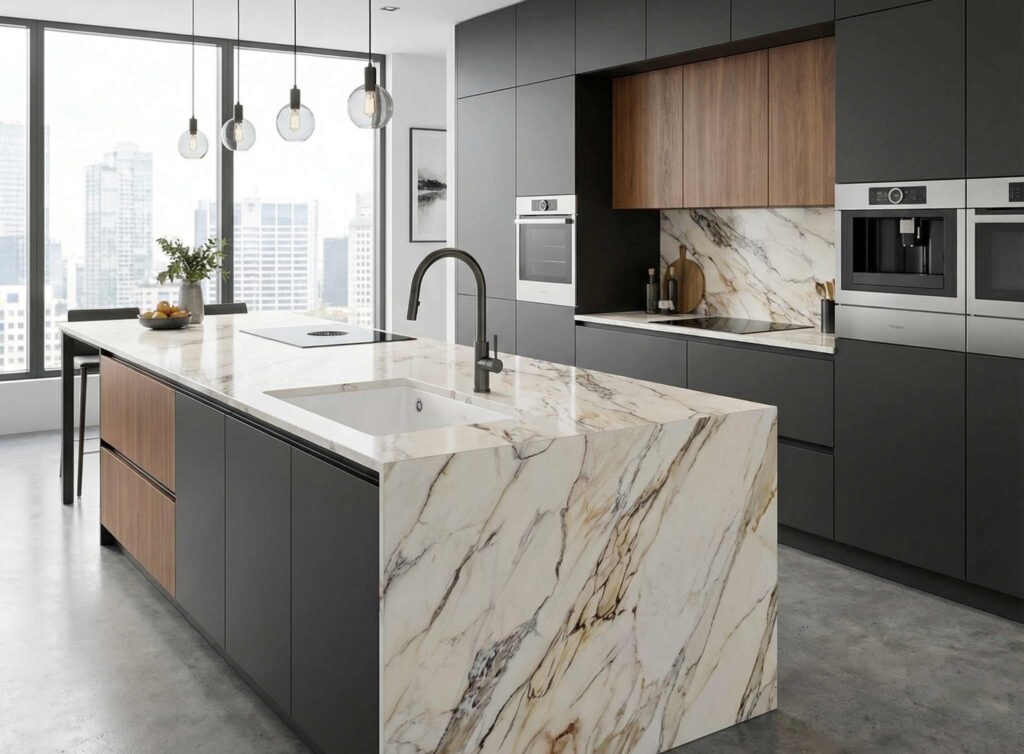 kuchnia z nowoczesnym blatem i zlewem podblatowym 