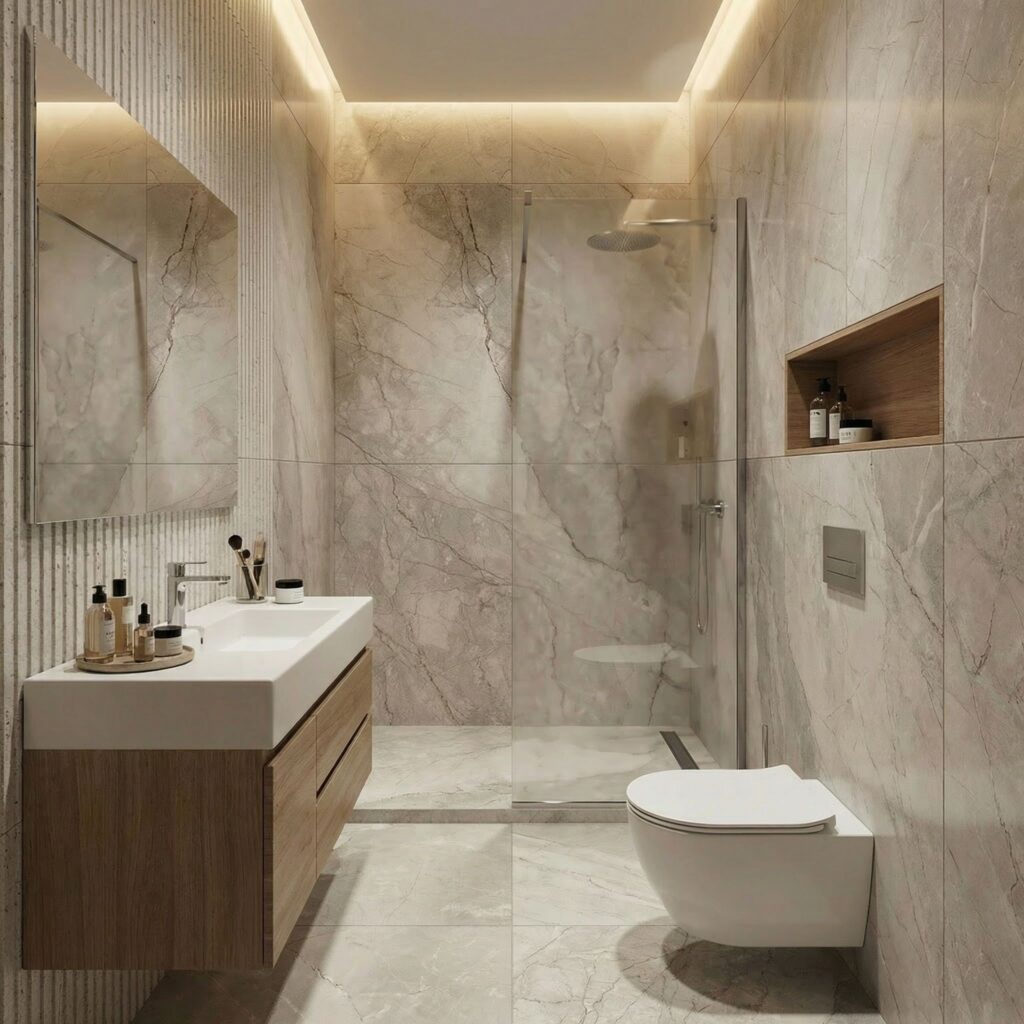 umywalka z blatem ceramicznym w nowoczesnej małej łazience z drewnianą zabudową