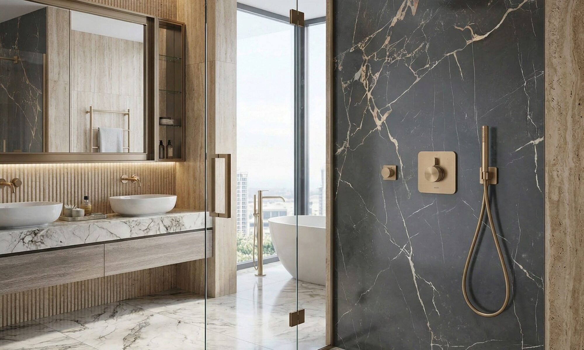 deszczownica złota szczotkowana w nowoczesnej łazience spa