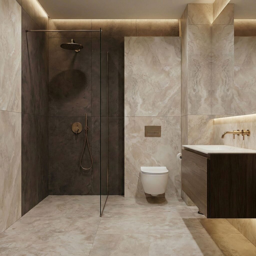 minimalistyczna łazienka z prysznicem walk in i podwieszaną toaletą na stelażu podtynkowym