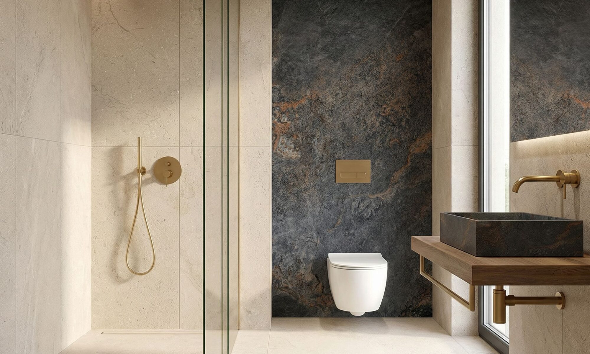 minimalistyczna łazienka z prysznicem walk in i podwieszaną toaletą na stelażu podtynkowym