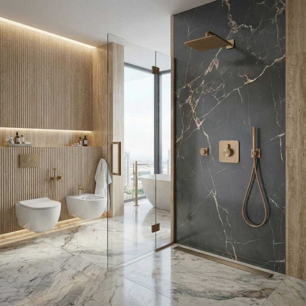 deszczownica brąz szczotkowany w nowoczesnej łazience spa