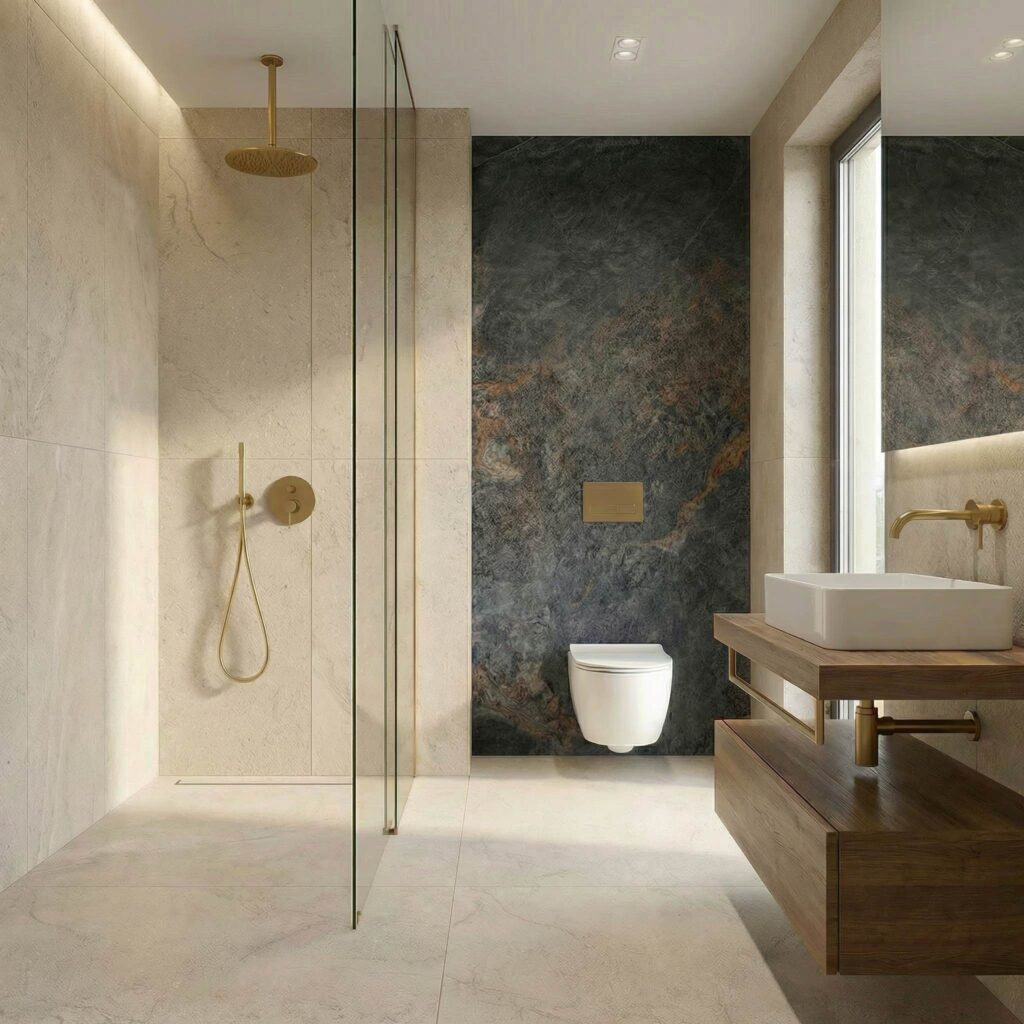 minimalistyczna łazienka z prysznicem walk in i podwieszaną toaletą na stelażu podtynkowym