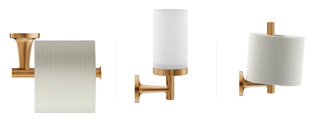 Akcesoria łazienkowe Philippe Starck w wykończeniu złotym – uchwyt na papier, szczotka WC i stojak ścienny w minimalistycznym stylu