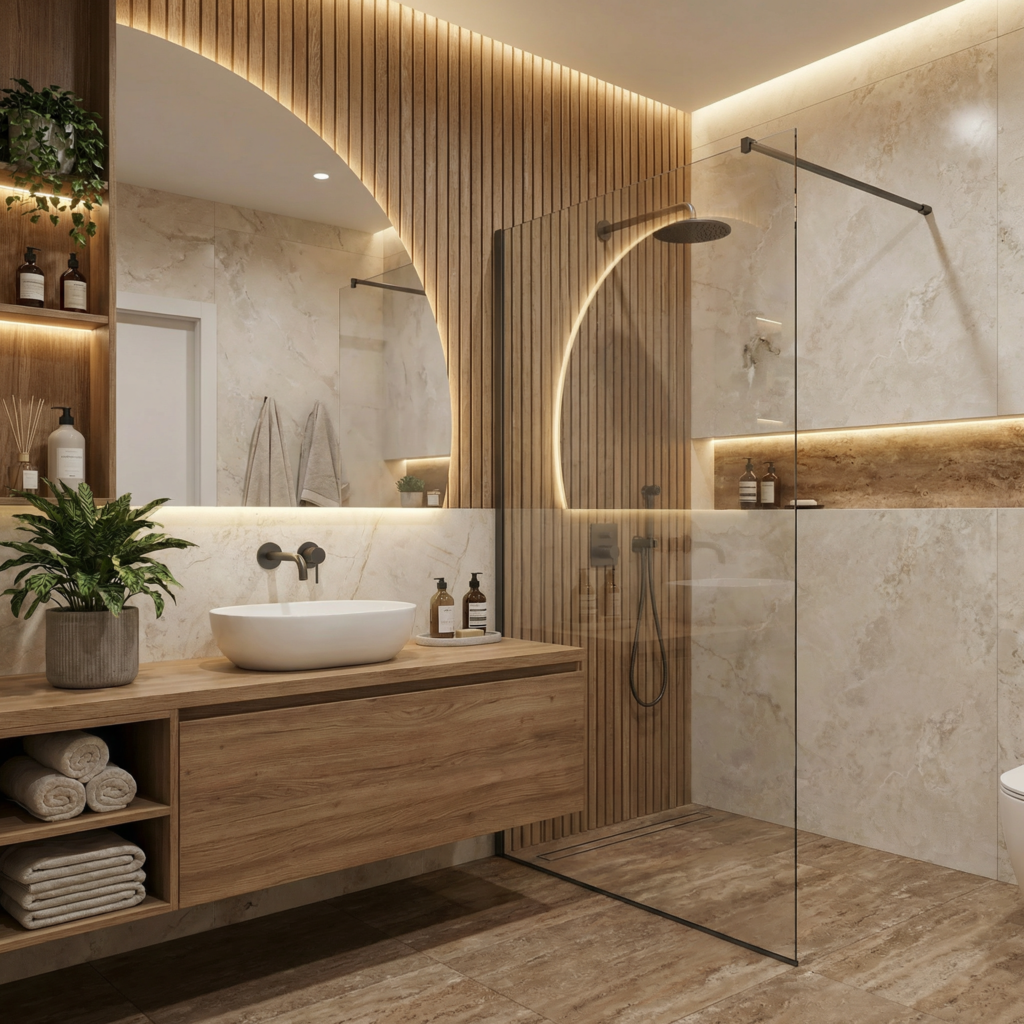 Łazienka w stylu japandi z drewnianą zabudową, umywalką nablatową i prysznicem walk-in z oświetleniem LED