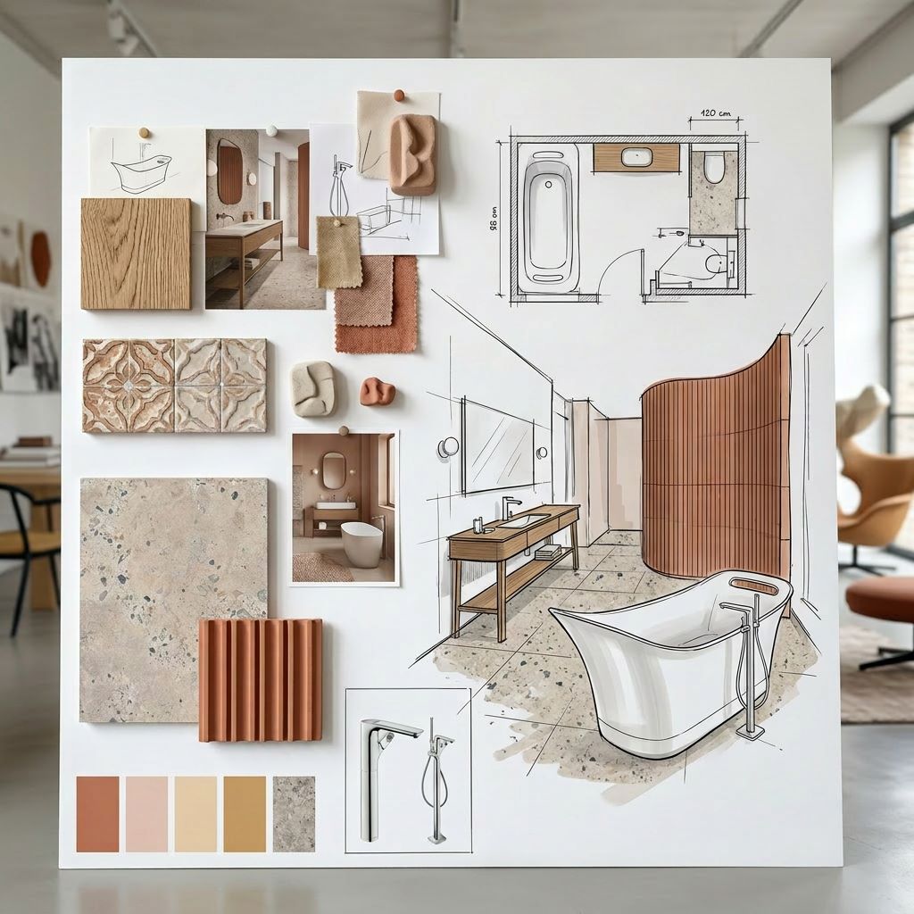 Moodboard inspirowany stylem Patricii Urquioli – naturalne materiały, organiczne formy i koncepcja nowoczesnej łazienki